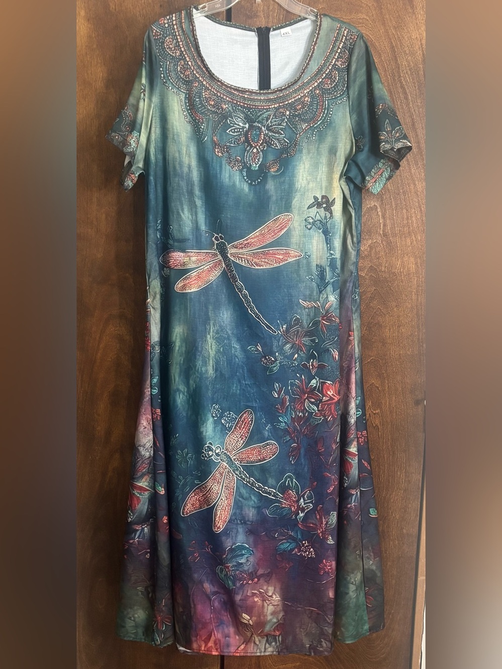 Bohemian Dragonfly Print Women's Dress in Teal and Coral